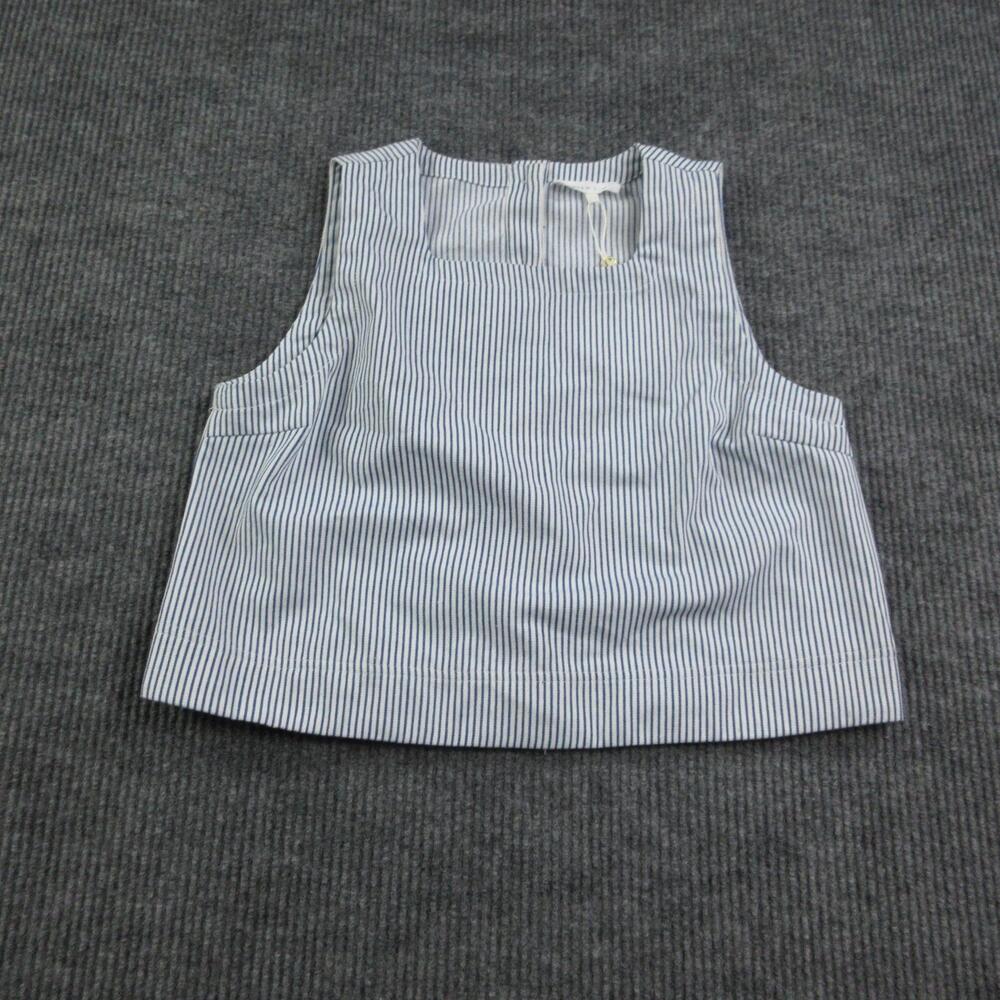 Entro Button-Up Womens L Blue Striped Cropped Sleeveless Square Neck Pockets NWT